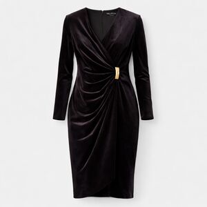 Nwt Halston Black Velvet Wrap Luxe Dress Gold Hardware Draped Long  Sleeve Sz 10